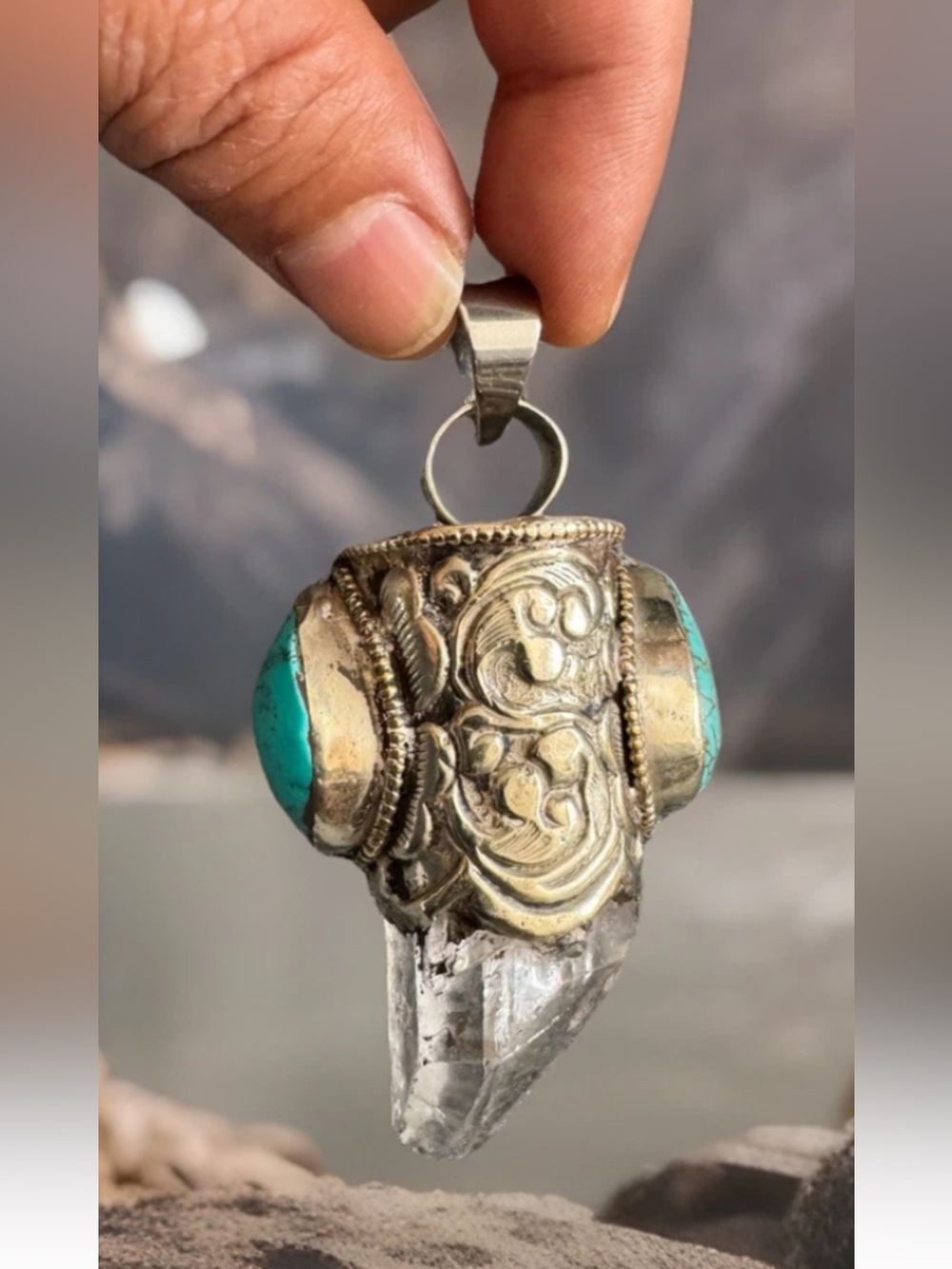Large Hand Carved Himalayan Quartz Crystal & Turquoise Pendant Set In Silver 72g